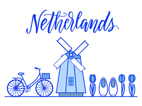 Netherlands illustration with holland symbols in Delfts blue color.