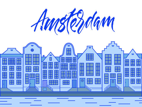 Amsterdam city illustration with typical holland houses in Delfts blue color.