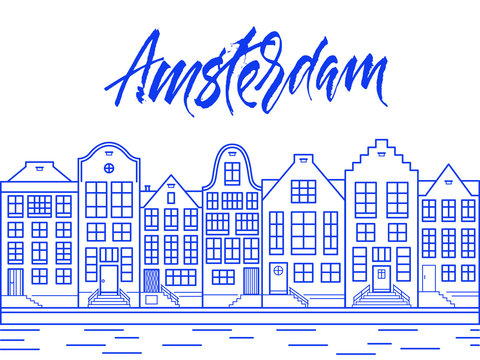 Amsterdam city line art illustration in Delfts blue color.
