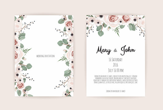 Floral Wedding Invitation. Botanical Card Vector Design Garden Pink, Peach Rose Flower, Anemones ,green Eucalyptus, Tender Greenery