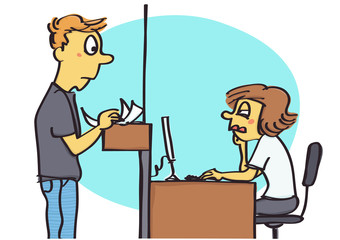 Funny vector cartoon of office clerk acting unfriendly and passive to the client, bad behavior at work