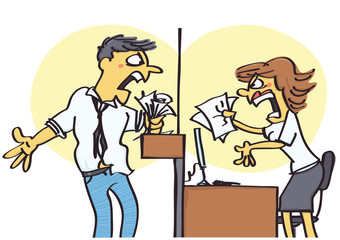 Funny vector cartoon of office clerk arguing with client, unprofessional behavior at work