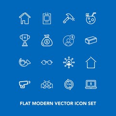 Modern, simple vector icon set on blue background with label, notebook, laptop, call, home, eyesight, war, communication, help, glasses, jazz, bugle, trumpet, glass, weapon, drink, operator, gun icons
