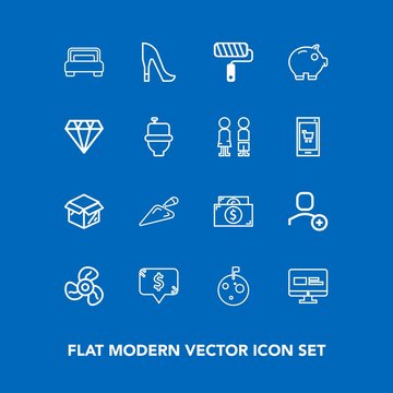 Modern, simple vector icon set on blue background with brush, high, air, money, new, shovel, female, shoe, space, roller, construction, unpacking, double, cool, moon, website, electric, style icons