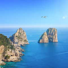 Fototapeta na wymiar Aerial view of famous Faraglioni rocks from Capri island, Italy