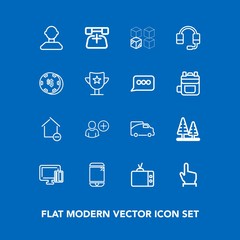 Modern, simple vector icon set on blue background with television, nature, package, screen, landscape, click, call, video, forest, sign, internet, transport, card, touchscreen, house, technology icons