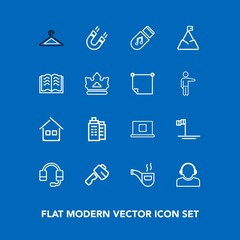 Modern, simple vector icon set on blue background with profile, beach, clothes, science, screwdriver, internet, retro, classic, music, blue, baja, architecture, tobacco, pipe, business, estate icons