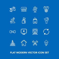 Modern, simple vector icon set on blue background with success, sign, direction, train, exercise, star, reload, shop, house, white, birdhouse, home, fast, transportation, fitness, way, transport icons