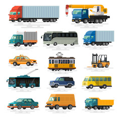 Urban, city cars and vehicles transport vector flat icons set.