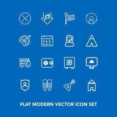 Modern, simple vector icon set on blue background with day, wallet, safety, profile, nation, protection, download, security, time, instrument, music, shield, america, purse, schedule, folk,  icons