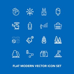 Modern, simple vector icon set on blue background with life, point, thermometer, metal, sweet, landscape, environment, uniform, work, vintage, lamp, scale, money, finance, sea, cash, forest, map icons