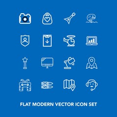 Modern, simple vector icon set on blue background with military, food, style, sea, quad, pc, photo, bag, atv, dirt, white, computer, interior, wheel, gun, extreme, office, business, guitar, lamp icons