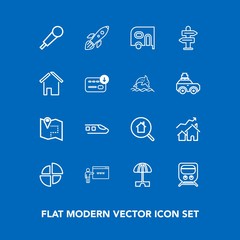 Modern, simple vector icon set on blue background with increase, summer, transportation, chart, parasol, way, map, transport, car, graph, sack, travel, railway, direction, estate, search, sound icons