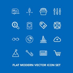 Modern, simple vector icon set on blue background with calculator, trolley, button, eyeglasses, place, store, water, basket, blue, circle, sky, sign, traffic, eyesight, ring, white, retail, rod icons