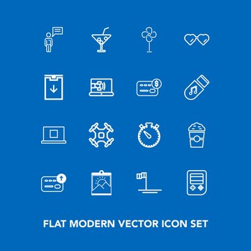 Modern, simple vector icon set on blue background with blue, electric, helicopter, baja, money, sign, arrow, aerial, ventilator, drink, currency, juice, blank, profile, timer, cooler, clock, air icons