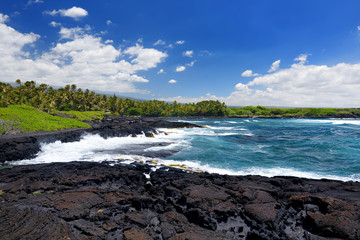 Rough and rocky shore at south coast of the Big Island of Hawaii