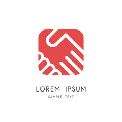 Cooperation business logo - two hands make a deal on the red square background. Handshake, partnership and teamwork vector icon.