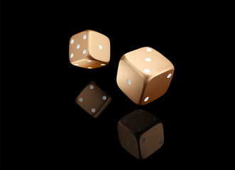 Casino poker dice on black background with reflection. Online casino golden dice gambling concept isolated on black. 3d dice vector illustration