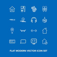 Modern, simple vector icon set on blue background with hand, building, board, real, war, speech, fitness, estate, payment, finance, gym, military, exercise, laptop, skater, home, map, brush, hit icons