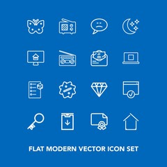 Modern, simple vector icon set on blue background with estate, jewelry, bubble, discount, communication, fly, award, butterfly, home, building, wireless, sign, wing, achievement, diploma, frame icons