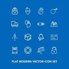 Modern, simple vector icon set on blue background with sign, leather, template, owl, temperature, fashion, fahrenheit, object, nuclear, product, measurement, inflatable, alarm, weight, packaging icons