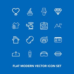 Modern, simple vector icon set on blue background with tower, light, lamp, jewelry, food, bun, speech, gem, telephone, chat, bubble, web, extreme, board, document, name, mobile, switch, big, id icons