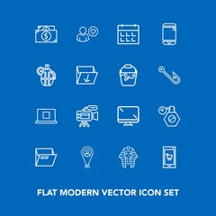Modern, simple vector icon set on blue background with location, technology, profile, file, egyptian, paper, finance, screen, pharaoh, beauty, phone, culture, money, day, time, ancient, monitor icons