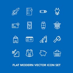 Modern, simple vector icon set on blue background with tool, contract, construction, up, sale, market, down, estate, id, real, identification, reel, identity, store, rod, bear, nature, space icons
