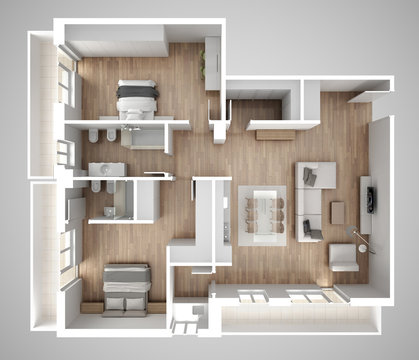 Apartment flat top view, furniture and decors, plan, cross section interior design, architect designer concept idea, gray background