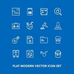 Modern, simple vector icon set on blue background with equipment, mug, string, person, clean, trumpet, scenery, business, aluminum, instrument, shopping, jazz, file, can, view, internet, coffee icons