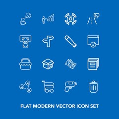Modern, simple vector icon set on blue background with unpacking, progress, book, complete, new, pistol, market, success, recycling, technology, drone, development, gun, summer, display, road icons