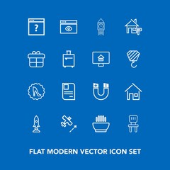 Modern, simple vector icon set on blue background with room, hot, frame, clock, internet, tower, big, science, fashion, craft, web, browser, travel, window, house, food, technology, soup, estate icons