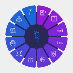 hotel, clothes, valentine Infographic Circle outline Icons Set. Contains such Icons as  background,  female, winter, sunglasses,  kitchen,  toast,  clothing and more. Fully Editable. Pixel Perfect