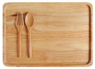 empty wood plate with fork and spoon