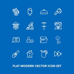 Modern, simple vector icon set on blue background with food, grenade, office, button, house, home, drink, smile, construction, face, estate, weapon, architecture, building, war, audio, folder icons