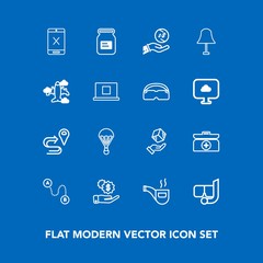 Modern, simple vector icon set on blue background with route, cargo, vintage, travel, subscription, extreme, finance, retro, shipping, tin, snorkel, investment, light, connection, parachuting icons