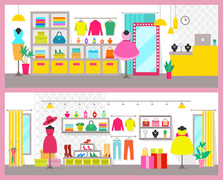 Pair of Colorful Cards with Bright Clothes Shops