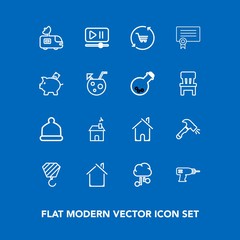 Modern, simple vector icon set on blue background with architecture, fashion, business, video, antenna, coin, home, construction, diploma, equipment, cart, hat, trolley, communication, machine icons