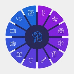hotel, clothes, valentine Infographic Circle outline Icons Set. Contains such Icons as  dress,  lock,  hotel,  day,  background, summer,  key, photographer,  tv and more. Fully Editable. Pixel Perfect