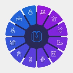 hotel, clothes, valentine Infographic Circle outline Icons Set. Contains such Icons as  firework, love, holiday, ring, toy,  shirt,  footwear, coat,  vacation and more. Fully Editable. Pixel Perfect