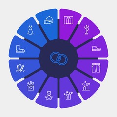 hotel, clothes, valentine Infographic Circle outline Icons Set. Contains such Icons as  ring,  romantic,  decoration,  bear,  candle,  floor,  restaurant,  gold and more. Fully Editable. Pixel Perfect