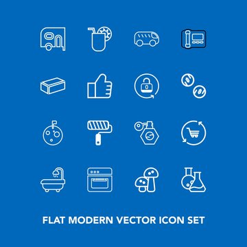Modern, simple vector icon set on blue background with bus, bathroom, retail, nature, food, moon, mushroom, cart, oven, drink, delivery, van, flag, trolley, direction, interior, beauty, summer icons