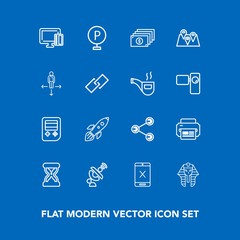 Modern, simple vector icon set on blue background with payment, finance, lot, launch, cord, egyptian, button, printer, space, time, egypt, money, sand, car, clock, communication, urban, global icons