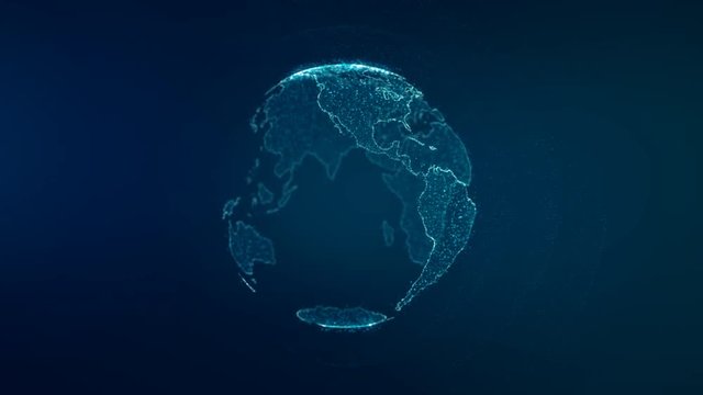 Global business strategy concept, abstract Earth world map on dark blue background, animation