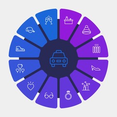 hotel, clothes, valentine Infographic Circle outline Icons Set. Contains such Icons as taxi, ring,  hat,  round,  female,  champaign,  city,  house, sunglasses and more. Fully Editable. Pixel Perfect