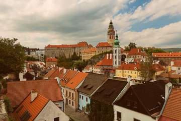 Fototapeta na wymiar CESKY KRUMLOV, BOHEMIA, CZECH REPUBLIK - View of the Old town, Castle and Castle tower at sunset