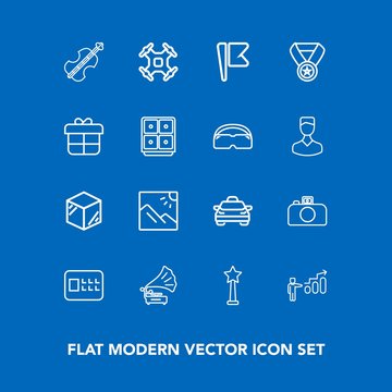 Modern, simple vector icon set on blue background with travel, sound, growth, camera, bank, helicopter, cello, drone, technology, medal, car, musical, award, safety, photo, aerial, security, box icons