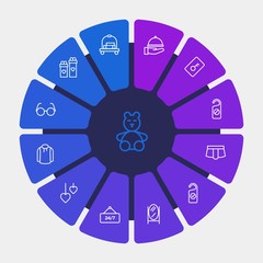 hotel, clothes, valentine Infographic Circle outline Icons Set. Contains such Icons as  card,  day,  transport,  restaurant,  food,  transportation, interior and more. Fully Editable. Pixel Perfect
