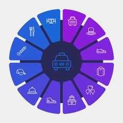 hotel, clothes, valentine Infographic Circle outline Icons Set. Contains such Icons as  white, table,  sweater,  car,  knife,  hat, retro,  firework,  dinner and more. Fully Editable. Pixel Perfect