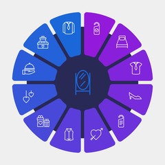 hotel, clothes, valentine Infographic Circle outline Icons Set. Contains such Icons as clean,  young, bed, heart,  present,  modern,  wear,  jacket,  love, vest and more. Fully Editable. Pixel Perfect
